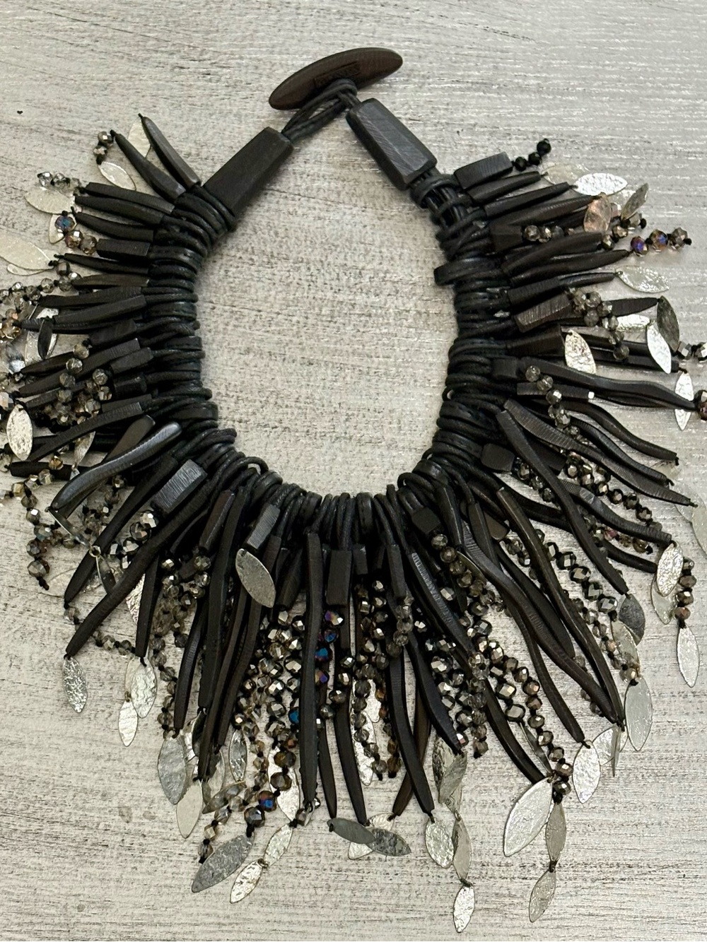 Monies Denmark Leather Wood Crystal Silver Tone Statement Collar Necklace - Picture 11 of 12